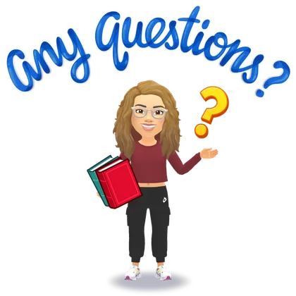 Katie holding books, asking 'Any questions?'